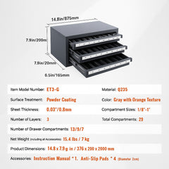 End Mill Dispenser Cabinet, Three-Drawer End Mill Organizer Cabinet for 1/8" to 1", Steel End Mill Dispenser Organizer Cabinet with Labels, 29-Compartment Stackable for End Mill Storage