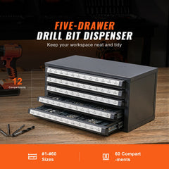 Drill Bit Dispenser Cabinet, Five-Drawer Drill Bit Organizer Cabinet for #1 to #60 Steel Drill Dispenser Organizer Cabinet with Labels, Stackable Drill Dispenser for Drill Bit Storage