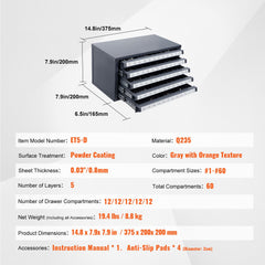 Drill Bit Dispenser Cabinet, Five-Drawer Drill Bit Organizer Cabinet for #1 to #60 Steel Drill Dispenser Organizer Cabinet with Labels, Stackable Drill Dispenser for Drill Bit Storage