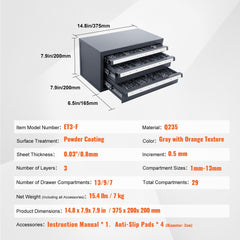 Drill Bit Dispenser Cabinet, Three-Drawer Drill Bit Organizer Cabinet for 1mm to 13mm, Steel Drill Dispenser Organizer Cabinet with Labels, Stackable Drill Dispenser for Drill Bit Storage