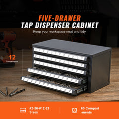 Tap Dispenser Cabinet, Five-Drawer Tap Organizer Cabinet for #2-56-#12-28 Steel Tap Dispenser Organizer Cabinet with Labels, 60-Compartment Stackable Tap Cabinet for Tap Storage