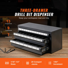 Drill Bit Dispenser Cabinet, Three-Drawer Drill Bit Organizer Cabinet for 1/16" to 1/2", Steel Drill Dispenser Organizer Cabinet with Labels, Stackable Drill Dispenser for Drill Bit Storage