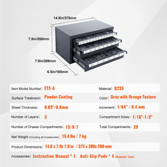 Drill Bit Dispenser Cabinet, Three-Drawer Drill Bit Organizer Cabinet for 1/16" to 1/2", Steel Drill Dispenser Organizer Cabinet with Labels, Stackable Drill Dispenser for Drill Bit Storage