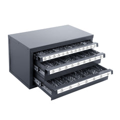 Drill Bit Dispenser Cabinet, Three-Drawer Drill Bit Organizer Cabinet for 1/16" to 1/2", Steel Drill Dispenser Organizer Cabinet with Labels, Stackable Drill Dispenser for Drill Bit Storage