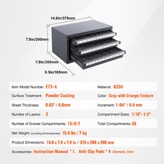 Drill Bit Dispenser Cabinet, Three-Drawer Drill Bit Organizer Cabinet for 1/16" to 1/2", Steel Drill Dispenser Organizer Cabinet with Labels, Stackable Drill Dispenser for Drill Bit Storage