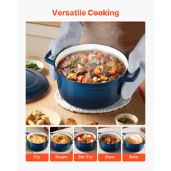 Enameled Cast Iron Dutch Oven, 5.7L Pot with Lid and Dual Handles, Heavy-Duty Durable Cookware Pan, Oven Induction Compatible up to 260 ℃, for Braising, Stews, Roasting, Bread Baking, Blue