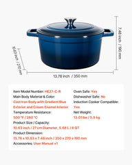 Enameled Cast Iron Dutch Oven, 5.7L Pot with Lid and Dual Handles, Heavy-Duty Durable Cookware Pan, Oven Induction Compatible up to 260 ℃, for Braising, Stews, Roasting, Bread Baking, Blue