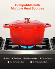 Enameled Cast Iron Dutch Oven, 5.7L Pot with Lid and Dual Handles, Heavy-Duty Durable Cookware Pan, Oven Induction Compatible up to 260 ℃, for Braising, Stews, Roasting, Bread Baking, Red