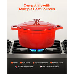 Enameled Cast Iron Dutch Oven, 5.7L Pot with Lid and Dual Handles, Heavy-Duty Durable Cookware Pan, Oven Induction Compatible up to 260 ℃, for Braising, Stews, Roasting, Bread Baking, Red