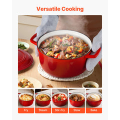 Enameled Cast Iron Dutch Oven, 5.7L Pot with Lid and Dual Handles, Heavy-Duty Durable Cookware Pan, Oven Induction Compatible up to 260 ℃, for Braising, Stews, Roasting, Bread Baking, Red