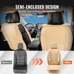 Seat Covers, Universal Car Seat Covers Front Seats, 2pcs Faux Leather Seat Cover, Semi-enclosed Design, Detachable Headrest and Airbag Compatible, for Most Cars SUVs and Trucks Beige