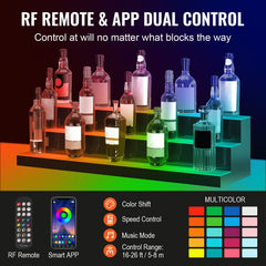 LED Lighted Liquor Bottle Display, 3 Tiers 40 Inch Commercial Illuminated Home Bar Shelf, 3 Steps Whiskey Rack Stand, Acrylic Drink Shelves with RF Remote & App Control, and Multicolor lighting