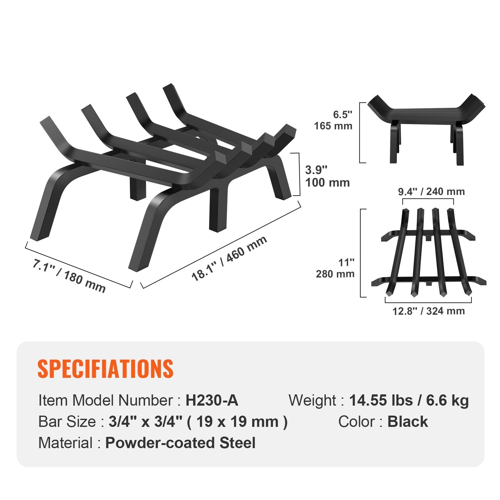 Vevor firegrate with dimensions and specifications on a white background