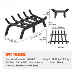 Fireplace Log Grate, 533.4mm Heavy Duty Fireplace Grate with 6 Support Legs, 19.05mm Solid Powder-coated Steel Bars, Log Firewood Burning Rack Holder for Indoor and Outdoor Fireplace