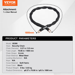 Bike Chain Lock, 5.91 Ft Security Bicycle Chain Lock, Heavy Duty Metal Steel Anti-Theft High Security Bike Locks, Perfect for Bike, Motorcycle, Scooter, Bicycle, Door, Fence, Gate, 9.5mm, Black