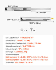 1 Pair 16-60 in Soft-Close Drawer Slides Ball Bearing Full Extension