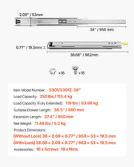 1 Pair 16-60 in Soft-Close Drawer Slides Ball Bearing Full Extension