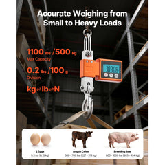 Digital Crane Scale, 1100 lbs/500 kg Max Capacity, Heavy Duty Industrial Hanging Scale with Cast Aluminum Case & LCD Display, 100 g Division & 3 Unit Switch, Auto-Off Setting for Garage