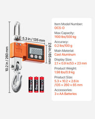 Digital Crane Scale, 1100 lbs/500 kg Max Capacity, Heavy Duty Industrial Hanging Scale with Cast Aluminum Case & LCD Display, 100 g Division & 3 Unit Switch, Auto-Off Setting for Garage