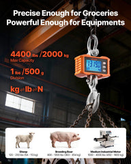 Digital Crane Scale, 4400 lbs/2000 kg Max Capacity, Heavy Duty Industrial Hanging Scale with Cast Aluminum Case & LCD Display, 500 g Division & 3 Unit Switch, Remote Control for Garage Factory