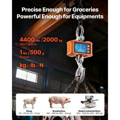 Digital Crane Scale, 4400 lbs/2000 kg Max Capacity, Heavy Duty Industrial Hanging Scale with Cast Aluminum Case & LCD Display, 500 g Division & 3 Unit Switch, Remote Control for Garage Factory