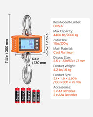 Digital Crane Scale, 4400 lbs/2000 kg Max Capacity, Heavy Duty Industrial Hanging Scale with Cast Aluminum Case & LCD Display, 500 g Division & 3 Unit Switch, Remote Control for Garage Factory