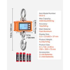 Digital Crane Scale, 4400 lbs/2000 kg Max Capacity, Heavy Duty Industrial Hanging Scale with Cast Aluminum Case & LCD Display, 500 g Division & 3 Unit Switch, Remote Control for Garage Factory