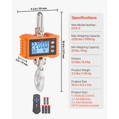 Digital Crane Scale, 2200 lbs/1000 kg, Industrial Heavy Duty Hanging Scale with Remote Control, Cast Aluminum Case & LCD Screen, High Precision for Construction, Factory, Farm, Hunting (Orange)