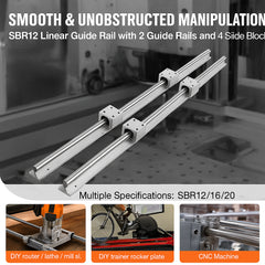 Linear Guide Rail Set, SBR12 1000mm, 2 PCS 39.4 in/1000 mm SBR12 Guide Rails and 4 PCS SBR12UU Slide Blocks, Linear Rails and Bearings Kit for Automated Machines DIY Project CNC Router Machines