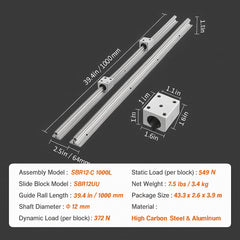 Linear Guide Rail Set, SBR12 1000mm, 2 PCS 39.4 in/1000 mm SBR12 Guide Rails and 4 PCS SBR12UU Slide Blocks, Linear Rails and Bearings Kit for Automated Machines DIY Project CNC Router Machines