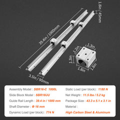 Linear Guide Rail Set, SBR16 1000mm, 2 PCS 39.4 in/1000 mm SBR16 Guide Rails and 4 PCS SBR16UU Slide Blocks, Linear Rails and Bearings Kit for Automated Machines DIY Project CNC Router Machines