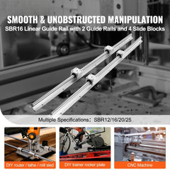Linear Guide Rail Set, SBR16 1000mm, 2 PCS 39.4 in/1000 mm SBR16 Guide Rails and 4 PCS SBR16UU Slide Blocks, Linear Rails and Bearings Kit for Automated Machines DIY Project CNC Router Machines