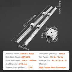 Linear Guide Rail Set, SBR16 1000mm, 2 PCS 39.4 in/1000 mm SBR16 Guide Rails and 4 PCS SBR16UU Slide Blocks, Linear Rails and Bearings Kit for Automated Machines DIY Project CNC Router Machines