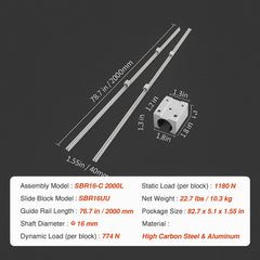 Linear Guide Rail Set, SBR16 2000mm, 2 PCS 78.7 in/2000 mm SBR16 Guide Rails and 4 PCS SBR16UU Slide Blocks, Linear Rails and Bearings Kit for Automated Machines DIY Project CNC Router Machines