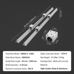 Linear Guide Rail Set, SBR20 1000mm, 2 PCS 39.4 in/1000 mm SBR20 Guide Rails and 4 PCS SBR20UU Slide Blocks, Linear Rails and Bearings Kit for Automated Machines DIY Project CNC Router Machines