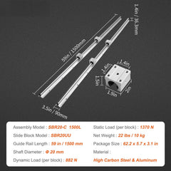 Linear Guide Rail Set, SBR20 1500mm, 2 PCS 59 in/1500 mm SBR20 Guide Rails and 4 PCS SBR20UU Slide Blocks, Linear Rails and Bearings Kit for Automated Machines DIY Project CNC Router Machines