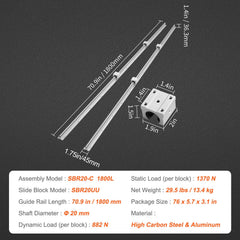 Linear Guide Rail Set, SBR20 1800mm, 2 PCS 70.9 in/1800 mm SBR20 Guide Rails and 4 PCS SBR20UU Slide Blocks, Linear Rails and Bearings Kit for Automated Machines DIY Project CNC Router Machines