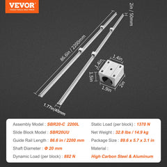 Linear Guide Rail Set, SBR20 2200mm, 2 PCS 86.6 in/2200 mm SBR20 Guide Rails and 4 PCS SBR20UU Slide Blocks, Linear Rails and Bearings Kit for Automated Machines DIY Project CNC Router Machines