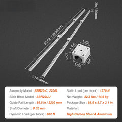 Linear Guide Rail Set, SBR20 2200mm, 2 PCS 86.6 in/2200 mm SBR20 Guide Rails and 4 PCS SBR20UU Slide Blocks, Linear Rails and Bearings Kit for Automated Machines DIY Project CNC Router Machines