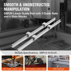 Linear Guide Rail Set, SBR20 800mm, 2 PCS 31.5 in/800 mm SBR20 Guide Rails and 4 PCS SBR20UU Slide Blocks, Linear Rails and Bearings Kit for Automated Machines DIY Project CNC Router Machines