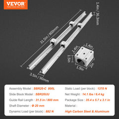 Linear Guide Rail Set, SBR20 800mm, 2 PCS 31.5 in/800 mm SBR20 Guide Rails and 4 PCS SBR20UU Slide Blocks, Linear Rails and Bearings Kit for Automated Machines DIY Project CNC Router Machines