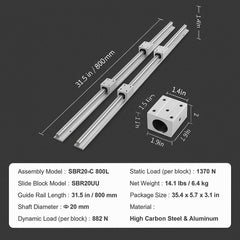 Linear Guide Rail Set, SBR20 800mm, 2 PCS 31.5 in/800 mm SBR20 Guide Rails and 4 PCS SBR20UU Slide Blocks, Linear Rails and Bearings Kit for Automated Machines DIY Project CNC Router Machines