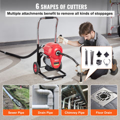Drain Cleaner Machine 120FT x 6/5" 1100W Sectional Snake Auger Manual Feed