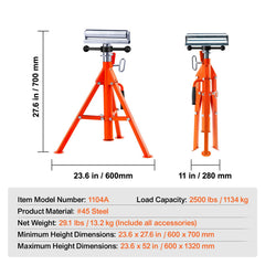 Roller Stand, Heavy Duty 1136 KG Load Capacity, 27.6"-52" Height Adjustable, 45# Steel Folding Roller Support Stand for Pipes, Wooden Boards