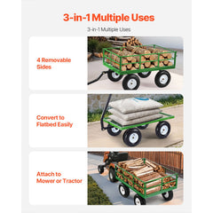 1200 Lbs Steel Garden Cart, Heavy Duty Pullable Garden Wagon Yard Cart, 2 in 1 Outdoor Metal Utility Wagon Yard Trailer with 13" All Terrain Tires, Mesh Removable Sides and 180°Rotating Handle
