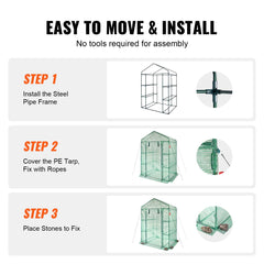 Walk-in Green House, 4.6 x 2.4 x 6.7 ft Greenhouse with Shelves, Set Up in Minutes, High Strength PE Cover with Doors & Windows and Steel Frame, Suitable for Planting and Storage, Green