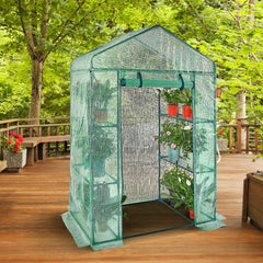 Walk-in Green House, 4.6 x 2.4 x 6.7 ft Greenhouse with Shelves, Set Up in Minutes, High Strength PE Cover with Doors & Windows and Steel Frame, Suitable for Planting and Storage, Green