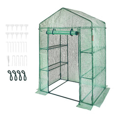 Walk-in Green House, 4.6 x 2.4 x 6.7 ft Greenhouse with Shelves, Set Up in Minutes, High Strength PE Cover with Doors & Windows and Steel Frame, Suitable for Planting and Storage, Green