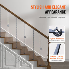 Staircase Metal Balusters, 44'' x 1/2" Galvanized Steel Decorative Banister Spindles, 10 Pack Deck Baluster with Hollow Single Baskets, Twists, Spiral Stair Railing w/ Shoes & Screws