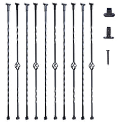 Staircase Metal Balusters, 44'' x 1/2" Galvanized Steel Decorative Banister Spindles, 10 Pack Deck Baluster with Hollow Single Baskets, Twists, Spiral Stair Railing w/ Shoes & Screws